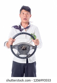 Drink Don't Drive Concepts.Drunk Asian Business Man Wear White Shirt Holding Wine Bottle And Steering Wheel On  Isolated White Background