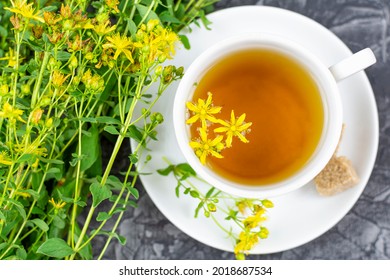 A drink (infusion, decoction) from St. John's wort in a white cup on a saucer on a black (dark) background. Herb and flowers of the medicinal plant Hypericum, Hypericaceae. - Shutterstock ID 2018687534