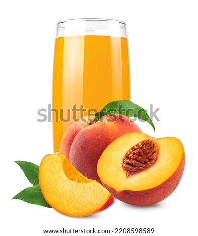 Drink isolated. A glass of peach juice and fruit sliced peaches on a white background. Fresh drinks.