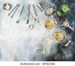 Drink Making Tools And Ingredients For Cocktail. Flat Lay With Champagne And Succulent Plant