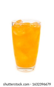 Drink Of Orange Soda With Ice In Glass On White Background