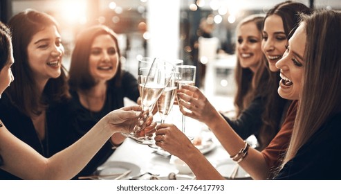 Drink, smile and toast with friends at dinner party together for celebration, event or social gathering. Alcohol, beverage and cheers with group of happy young people at restaurant venue for bonding - Powered by Shutterstock