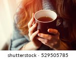 Drink Tea relax cosy photo with blurred background. Female hands holding mug of hot Tea in morning. Young woman relaxing tea cup on hand. Good morning Tea or Have a happy day message concept.
