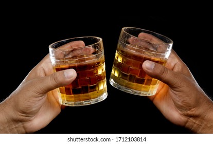 Drink Two Glasses Whiskey In Friends Hands Outdoor Sea Nature Holidays, Romantic Couple Toast With Alcohol, Happy People Cheering Fun Vacation Enjoying Travel Time Together Friendship Love Concept