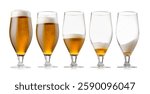 Drinking beer process. From full to empty glass on white background, step-by-step collage