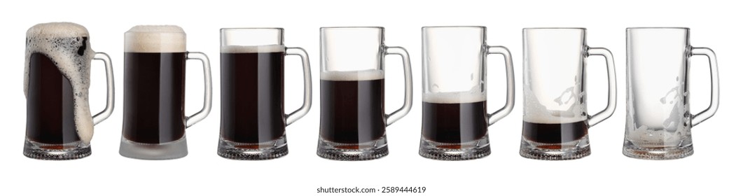 Drinking beer process. From full to empty glass on white background, step-by-step collage
