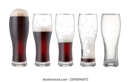 Drinking beer process. From full to empty glass on white background, step-by-step collage