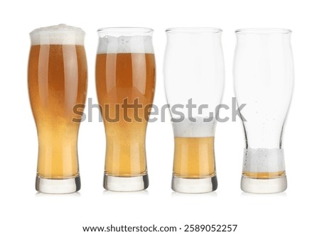 Drinking beer process. From full to empty glass on white background, step-by-step collage