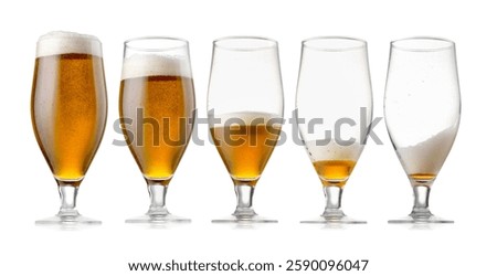 Drinking beer process. From full to empty glass on white background, step-by-step collage