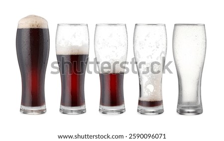 Drinking beer process. From full to empty glass on white background, step-by-step collage