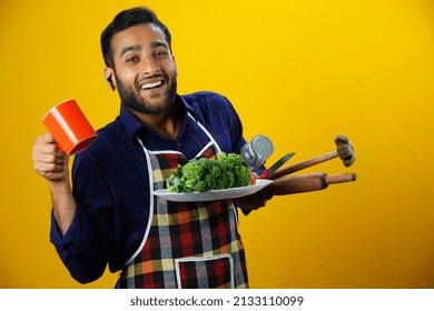 Drinking Coffee In Kitchen Happy Chef Boy Isolated Images With Apron Food Or Hotel Management Concept