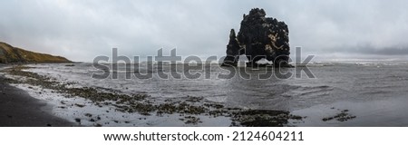 The drinking elephant or rhinoceros, basalt stack Hvitserkur along the eastern shore of Vatnsnes peninsula, in northwest Iceland. Awesome rock structure made from basalt and standing 15 metres tall.