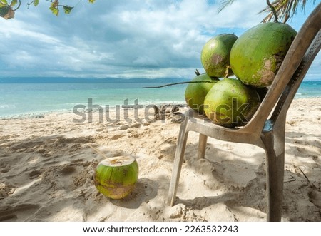 For drinking healthy coconut water. In the shade on a lazy tropical beach in the Philppines islands,with white,fine sand,clear blue sea,palm trees,clean,un-polluted,serene,idyllic and relaxing.