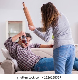 Drinking problem drunk husband man in a young family concept