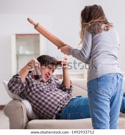 Drinking problem drunk husband man in a young family concept