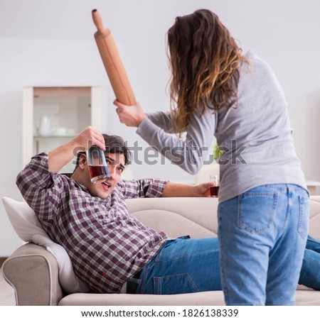 Drinking problem drunk husband man in a young family concept