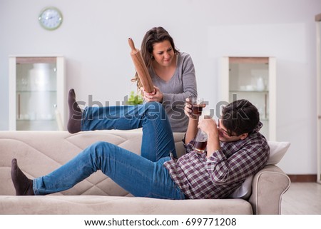 Drinking problem drunk husband man in a young family concept