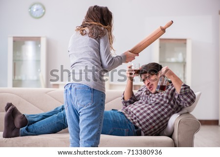 Drinking problem drunk husband man in a young family concept