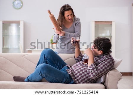 Drinking problem drunk husband man in a young family concept