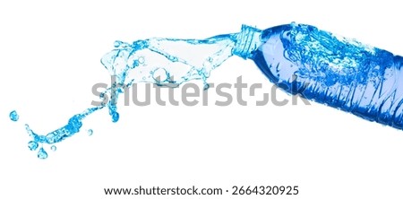 Drinking Water in Plastic Bottle fall fly in mid air, fresh water plastic bottle floating explosion. Fresh water plastic bottles pour throw in air. White background isolated freeze motion high speed