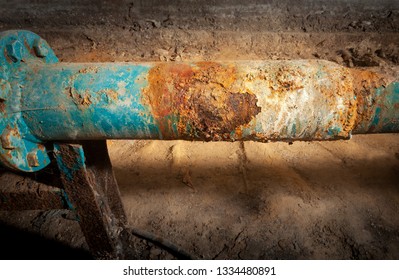 Drinking water supply system. Corrosion on the main pipe. Picture taken in Ukraine, Kiev region. Horizontal frame. Color image