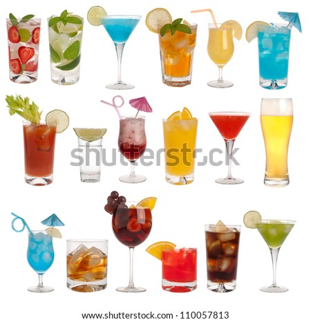 Drinks, coctails and beer isolated on white background