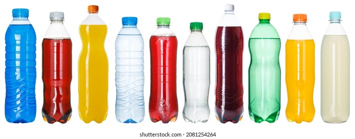 Drinks lemonade cola drink many softdrinks bottles in a row bottle isolated on white