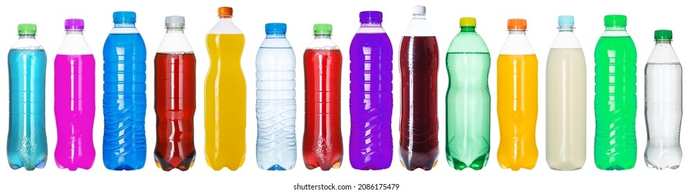 Drinks Lemonade Cola Drink Many Softdrinks Bottles In A Row Bottle Isolated On White