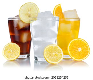Drinks lemonade cola drink softdrinks glass with lemon isolated on a white background