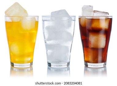 Drinks lemonade cola drink softdrinks glass in a row isolated on a white background