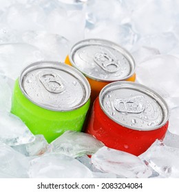 Drinks lemonade cola drink softdrinks in cans with ice cubes square soda