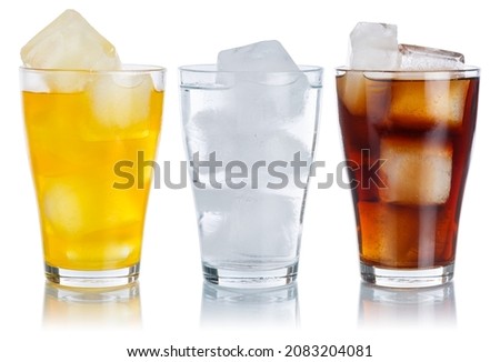 Drinks lemonade cola drink softdrinks glass in a row isolated on a white background