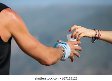 Drinks Station At A Trail Running Marathon,hydration Drinking During A Race