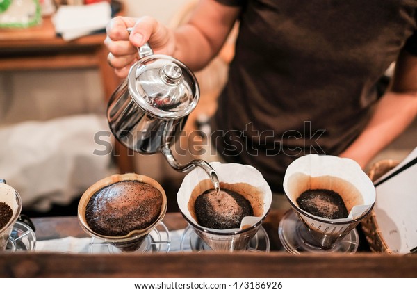 Drip brewing, filtered coffee, or pour-over is a\
method which involves pouring water over roasted, ground coffee\
beans contained in a\
filter.