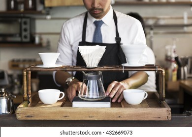 Drip coffee set preparing by barista