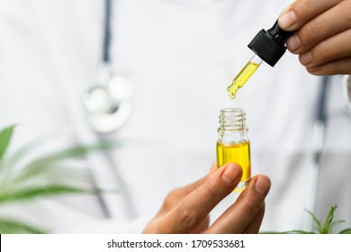 Drip hemp oil into a glass bottle. CBD oil. Cannabis. Alternative medical concepts. Scientific research. Medical education and research.