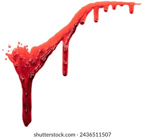 Dripping blood isolated on white background. Flowing bloody stains, splashes and drops. Trail and drips red blood close up