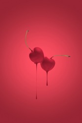 Dripping cherry on red background , Creative organic fruits concept. Banner for healthy food or diet. Pop art aesthetic., a Food & Drink Photo by id-art