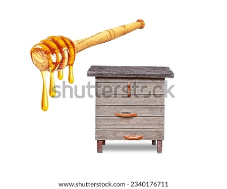 dripping honey with dipper and beehive isolated on white background