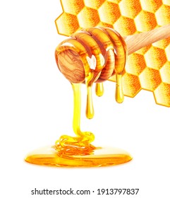 dripping honey and honeycomb isolated on the white