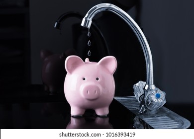 Dripping Water Droplets Are Falling In The Pink Piggybank From Kitchen Sink Faucet
