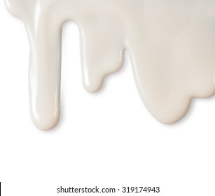 Dripping White Milk, Cream, Paint Yogurt On White Background