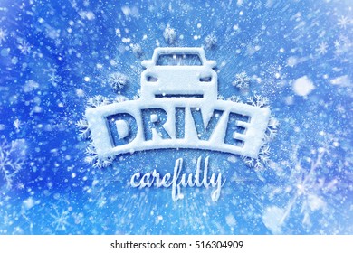 Drive Carefully With Car Symbol, Snow Automotive Graphic Background, Driving Winter Background