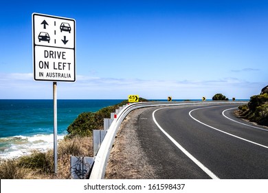 DRIVE ON LEFT : Australian Road Sign On The Great Ocean Road, Victoria