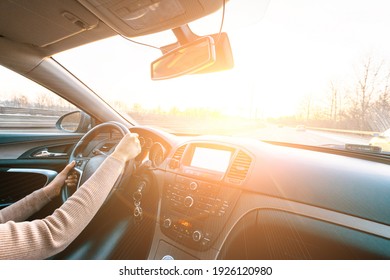 Driver Car. Fun Drive In Winter Vacation Ride Day. Happy Young Woman Have Road Travel Trip Inside Car In Sunny Day