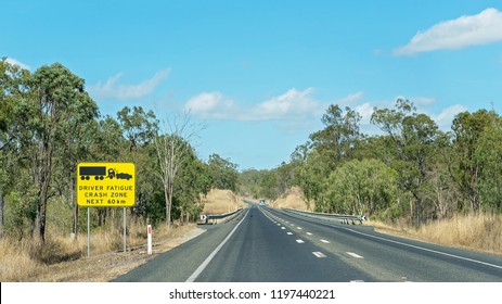 Driver fatigue crash zone sign on long highway in Queensland Australia