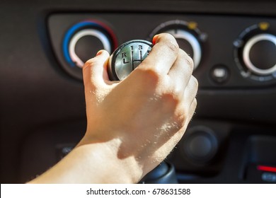 Driver Hand Shifting Gear Shift Knob Manually, Selective Focus