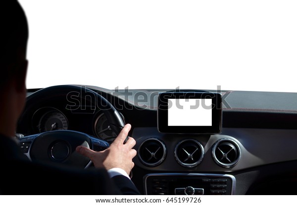 Driver with hands on\
steering wheel, isolated on white background with empty display on\
navigation device