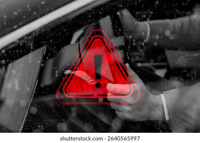 A driver holds the steering wheel in a modern car with a red warning sign and an overhead digital code. Concept of cybersecurity risks, hacking threats and digital security