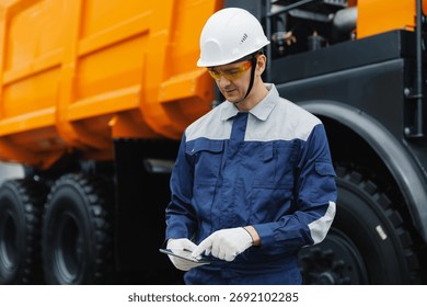 Driver man in uniform with tablet computer monitoring tire pressure of large coal dump truck.